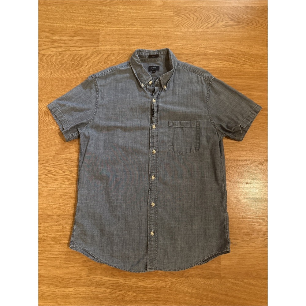 J Crew Blue Denim Chambray Shirt Men's Medium Slim Fit Short Sleeve Button Down